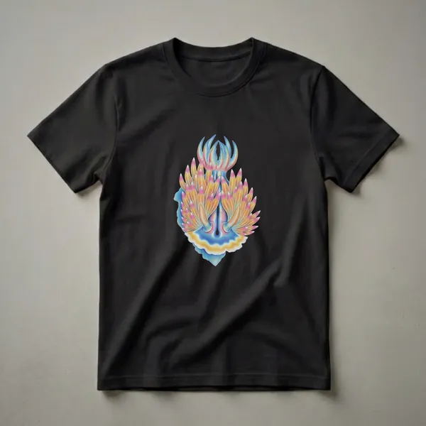 Black t-shirt featuring a vibrant, colorful illustration of a nudibranch sea slug with blue, yellow, orange, and pink cerata.