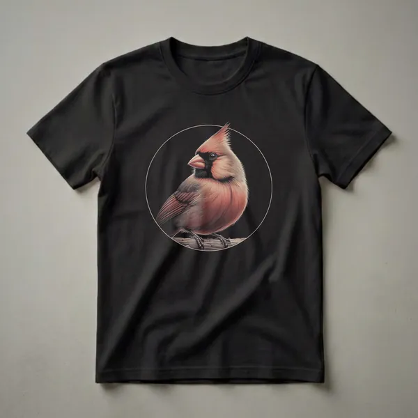 Black t-shirt featuring a detailed illustration of a Northern Cardinal perched on a branch, enclosed in a circular frame.