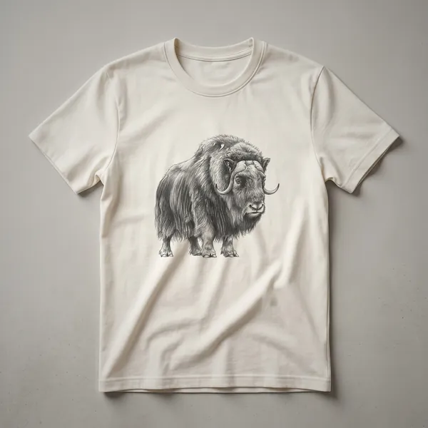 Black and white line drawing of a muskox with long, shaggy fur and curved horns, depicted on a black t-shirt.