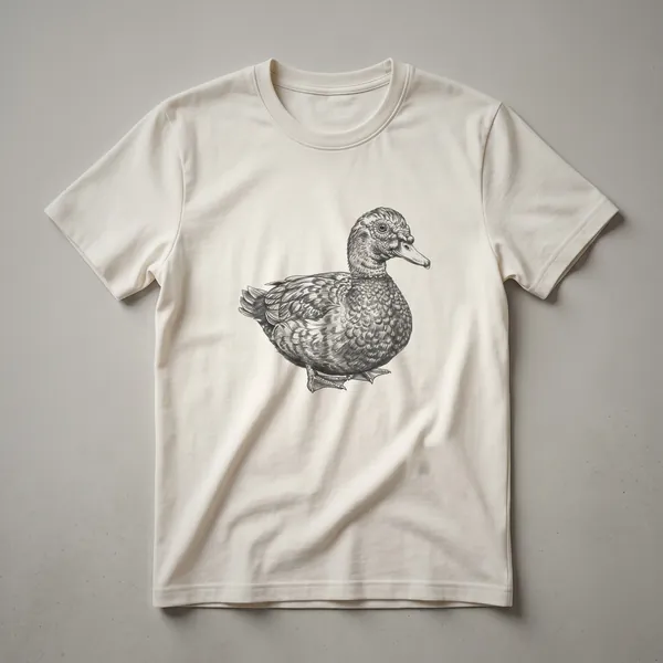 A black and white line drawing of a Muscovy duck, showcasing its detailed feathers and distinctive facial features, printed on a shirt.