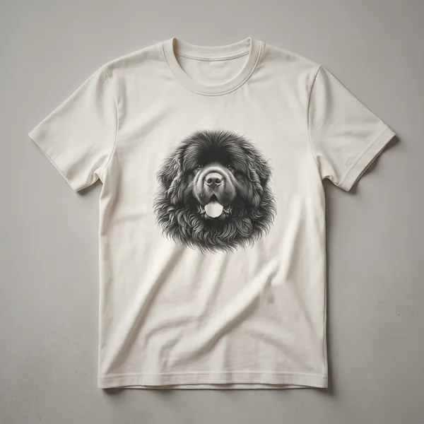 Black and white vintage line drawing of a Newfoundland dog's face, showing its furry head and gentle expression.