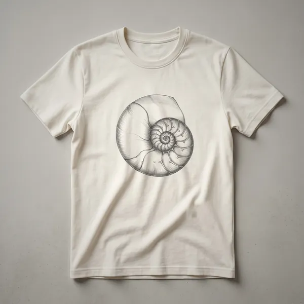 Black and white line drawing of a nautilus shell's cross-section, showcasing its spiral chambers and intricate details, printed on a black t-shirt.