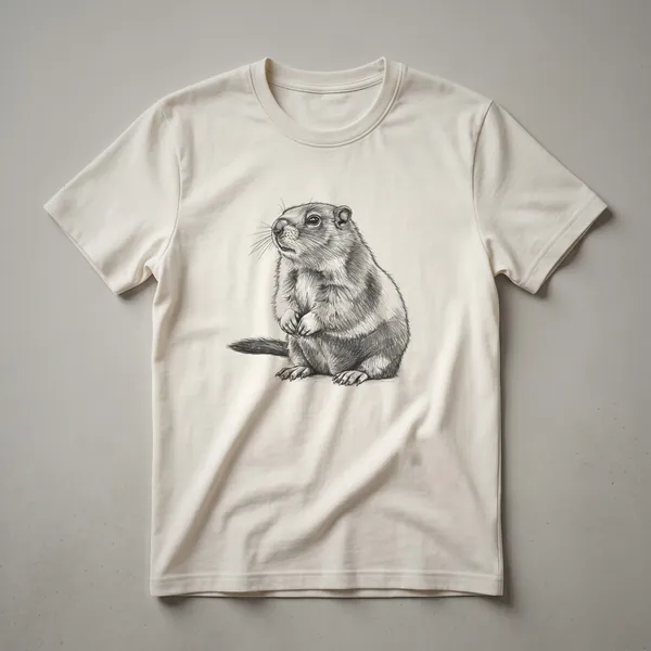 Black and white line drawing of a marmot sitting upright, showcasing its fur detail and facial features, on a t-shirt.