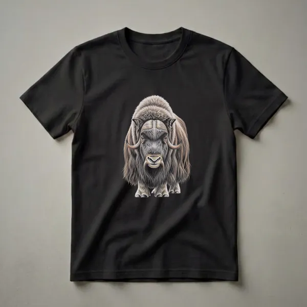 Black t-shirt featuring a detailed, realistic drawing of a musk ox facing forward with its shaggy fur and curved horns prominently displayed against a black background.