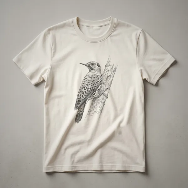 A black and white line drawing of a Northern Flicker bird perched on a branch, displayed on a t-shirt.