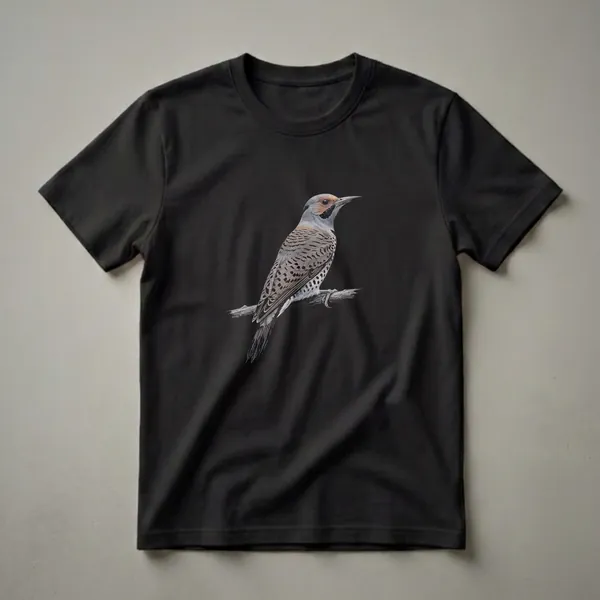 A detailed drawing of a Northern Flicker bird with brown, gray, and black plumage, perched on a textured branch against a solid black background.