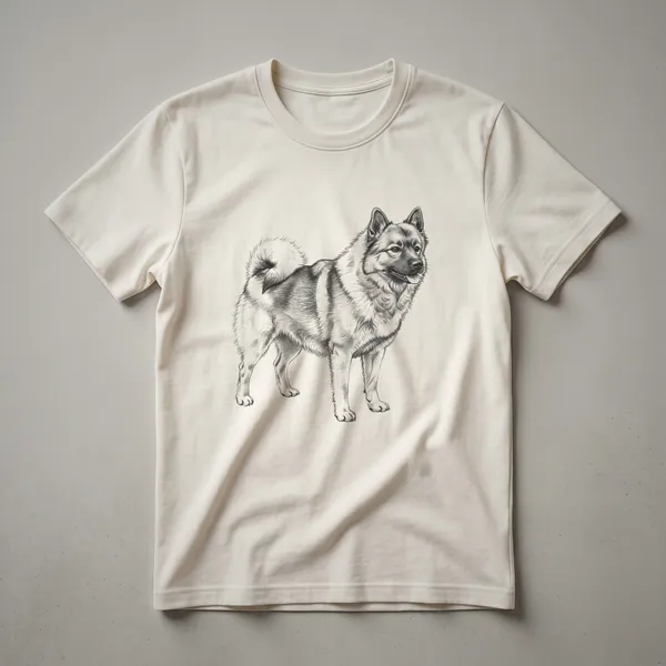 A black and white line drawing of a Norwegian Elkhound dog standing, showcasing its alert ears and bushy tail, on a plain background.