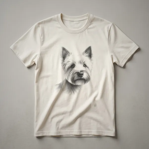 A black and white line drawing of a Norwich Terrier's face, showcasing its alert expression and textured fur, presented on a dark t-shirt.