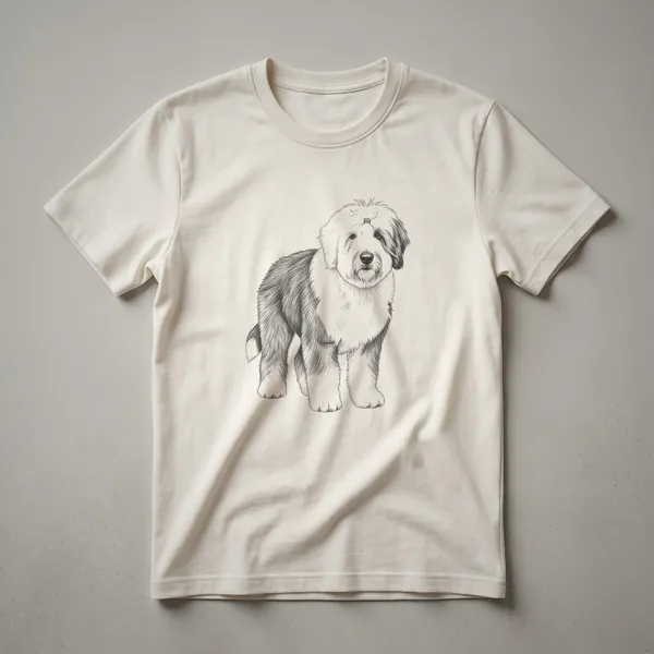 Black line drawing sketch of a fluffy Old English Sheepdog standing on a black background, showcasing its shaggy coat and gentle expression.