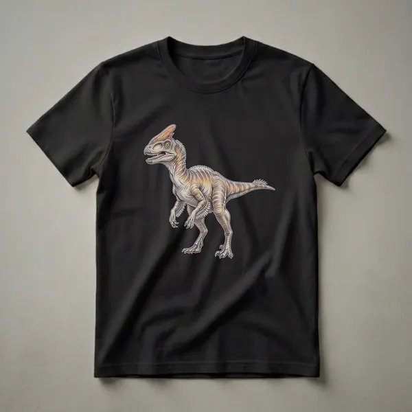 A colored pencil drawing of an Oviraptor dinosaur with a crest on its head, standing in profile against a black background. The dinosaur has striped coloring on its body and feathered arms.
