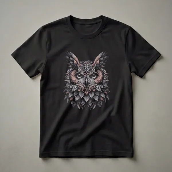 Black t-shirt featuring a detailed graphic illustration of an owl's face, rendered in shades of grey, brown, and peach, with intricate feather details.
