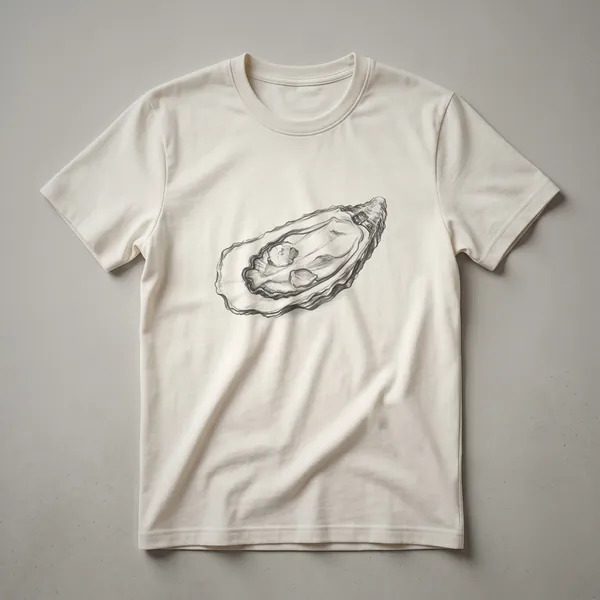 A black graphic t-shirt featuring a detailed vintage line drawing of an oyster shell in white.