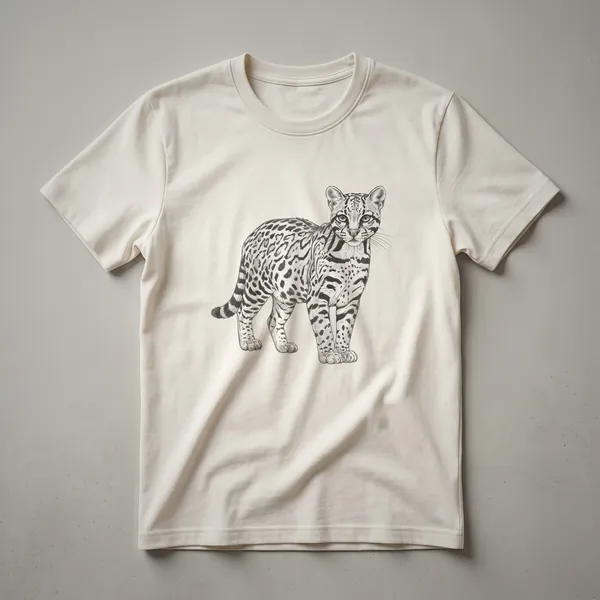 A black and white line drawing of an ocelot standing, showcasing its spotted and striped fur pattern, on a dark background.