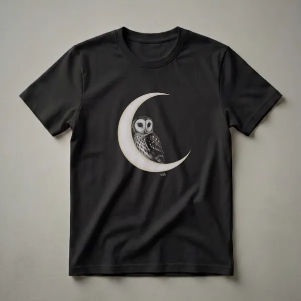 Black t-shirt with a vintage drawing of a barred owl perched on a cream-colored crescent moon against a black background.
