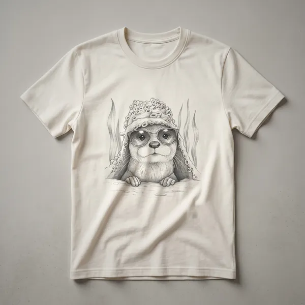 A black and white line drawing on a dark shirt shows an otter wearing round sunglasses, peeking over an edge with octopus tentacles in the background.