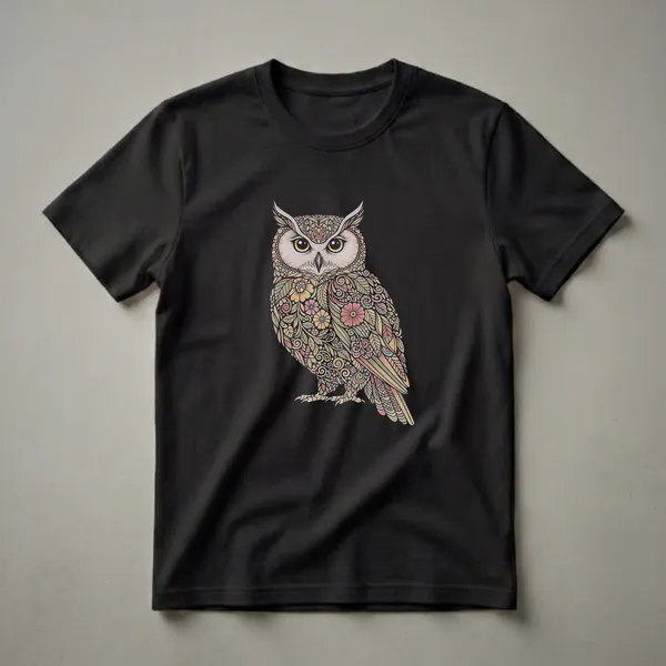 Black t-shirt with a full-body illustration of an owl filled with colorful boho floral and paisley patterns, featuring yellow eyes and detailed feathers.