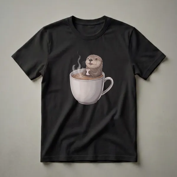 A graphic t-shirt design featuring a cute otter submerged in a large mug of steaming coffee, holding a small cup, with wisps of steam rising.