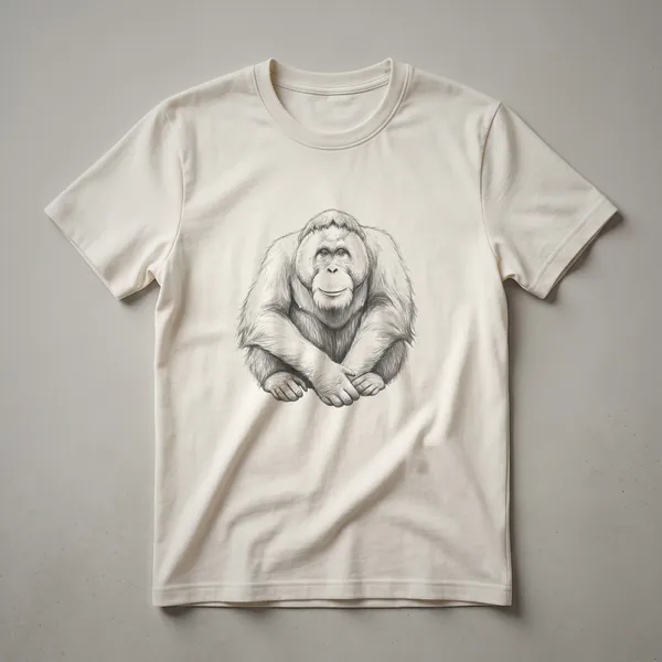 A vintage line drawing of an orangutan, depicted in a seated pose with its arms crossed, on a black t-shirt.