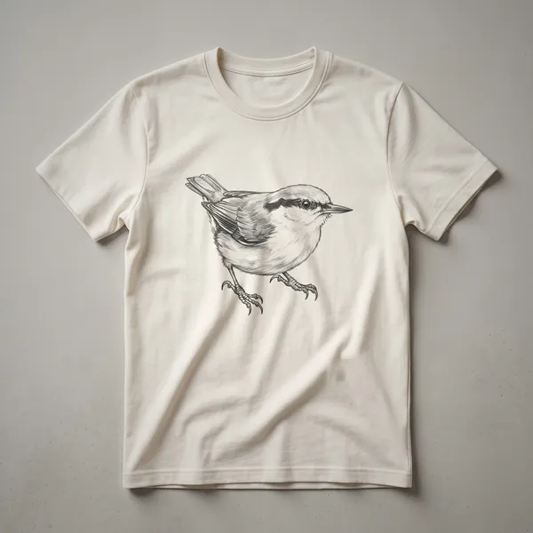 A black and white line drawing of a nuthatch bird, depicted in profile with detailed feathers and claws, on a dark background.