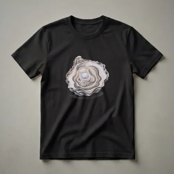 White graphic t-shirt featuring a detailed colored pencil drawing of an open oyster with a lustrous pearl inside, set against a black background.
