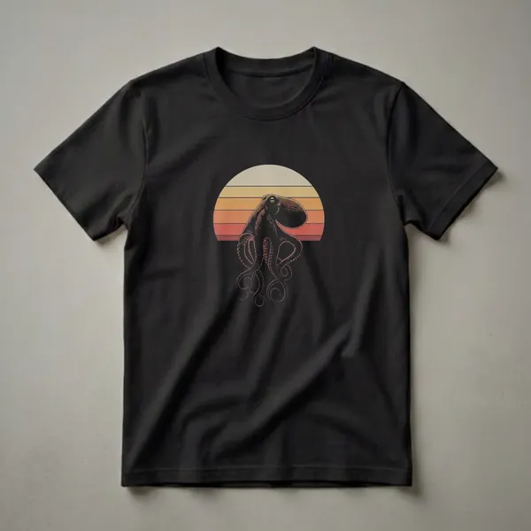 Black t-shirt with a vintage drawing of a dark octopus in front of a striped sunset in shades of cream, yellow, orange, and red.