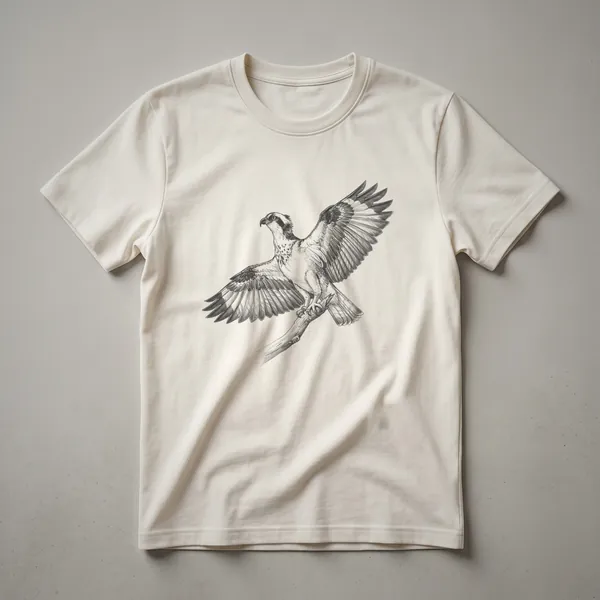 A black and white line drawing of an osprey in flight, with wings spread wide, on a dark t-shirt.