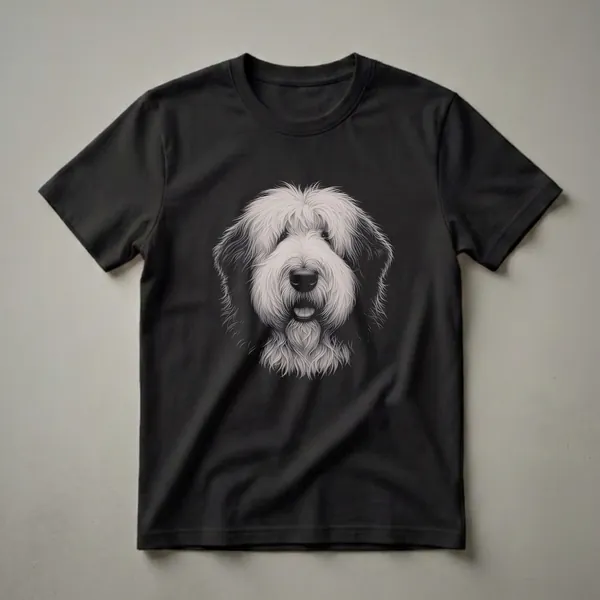 Black t-shirt featuring a detailed monochrome drawing of an Old English Sheepdog's face with shaggy fur and a black nose.