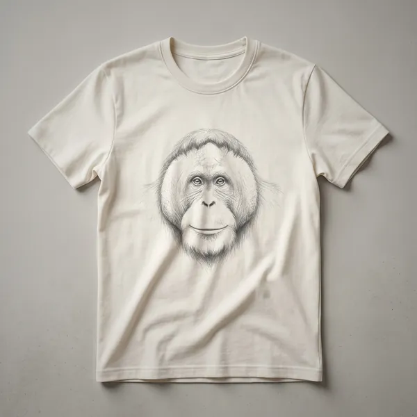 A black t-shirt featuring a white line-art sketch of an orangutan's face, with detailed fur texture and expressive eyes.