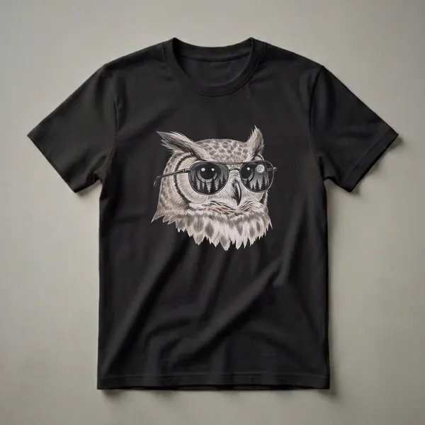 A detailed drawing of a Great Horned Owl wearing black aviator sunglasses, with a reflection of a moonlit pine forest in the lenses, on a black background.