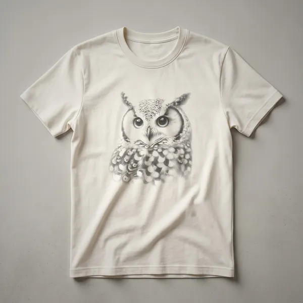 A black t-shirt featuring a detailed vintage sketch of a Great Horned Owl's face with large eyes and textured feather patterns.