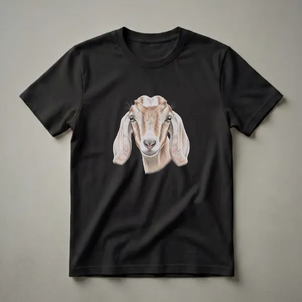 Black t-shirt featuring a detailed colored pencil drawing of a Nubian goat's head with long, floppy ears and warm brown eyes.