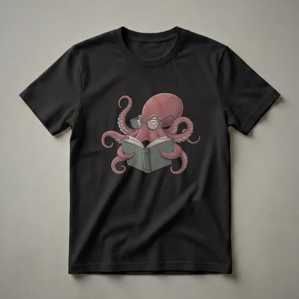 A red octopus wearing blue-rimmed glasses is reading an open green book, with its tentacles wrapped around the pages and body.