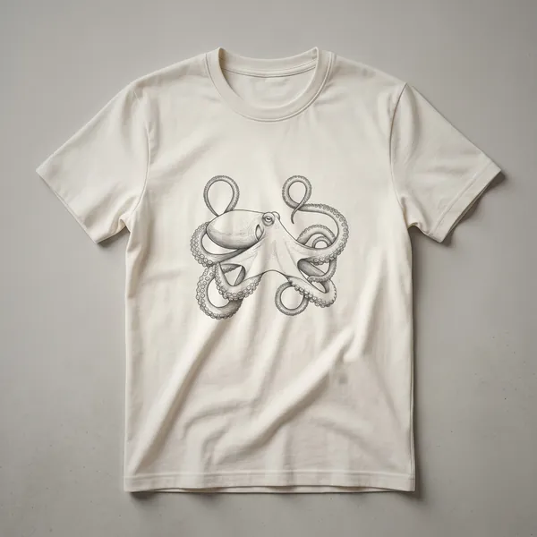 Black t-shirt with a white line drawing of an octopus, featuring its eight tentacles spread out and detailed suction cups.