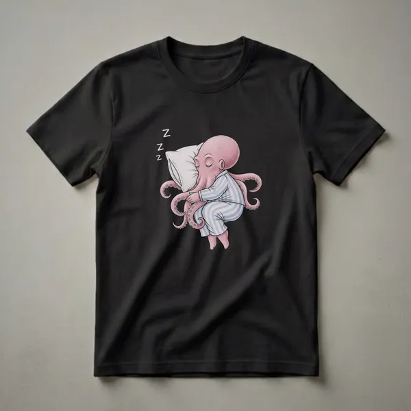 Black t-shirt with a pink cartoon octopus wearing blue and white striped pajamas, eyes closed, hugging a white pillow with ZZZ symbols above.
