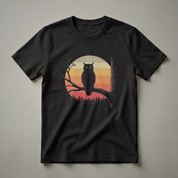 Black silhouette of an owl perched on a tree branch against a striped sunset with pine trees below, on a black t-shirt.