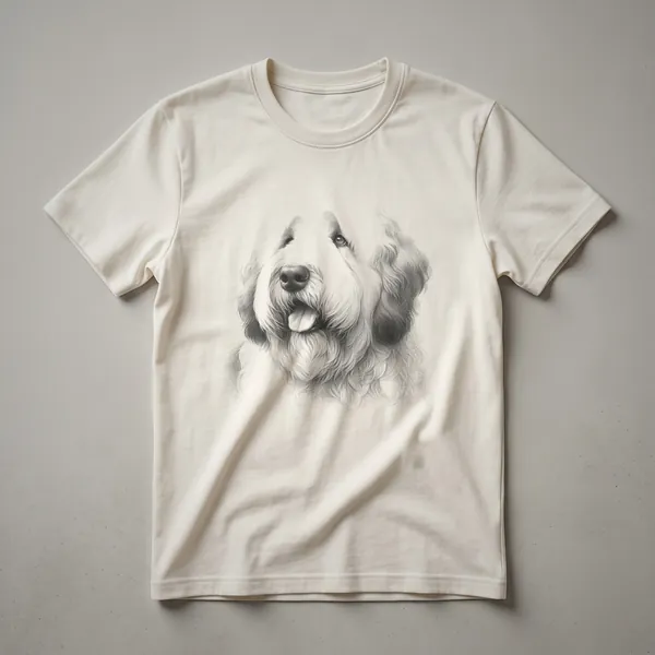 Black and white vintage line drawing of an Old English Sheepdog's face on a t-shirt, showcasing its shaggy fur and gentle expression.