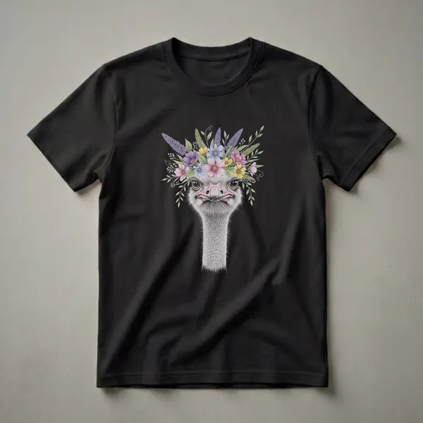 A white graphic t-shirt featuring a watercolor illustration of an ostrich's head wearing a crown of colorful flowers and green leaves against a black background.