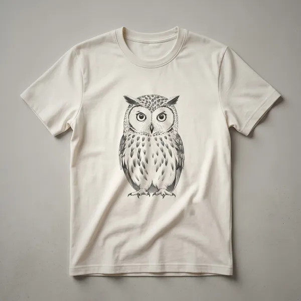 A black and white line drawing of an owl, depicted with intricate feather details and large eyes, presented on a dark t-shirt.