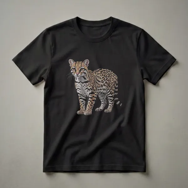 A black t-shirt featuring a detailed colored pencil drawing of an ocelot with distinctive spots and stripes, standing against a black background.