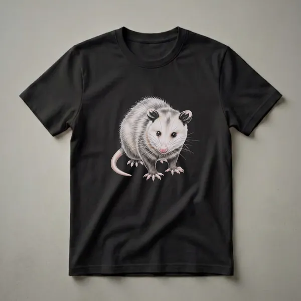 A black t-shirt featuring a detailed colored pencil drawing of a Virginia opossum with its pointed snout, beady eyes, and prehensile tail against a black background.
