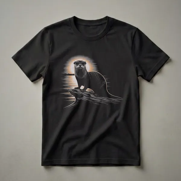 Black t-shirt featuring a vintage drawing of an otter wearing sunglasses, sitting on a log with a sunset and water in the background.