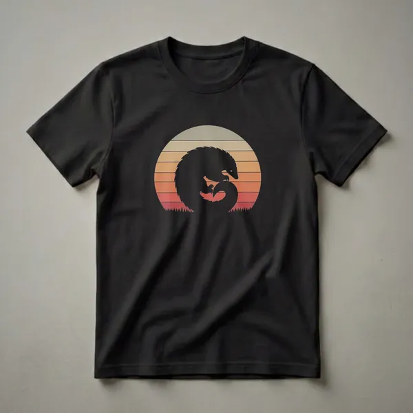 Black silhouette of a pangolin curled up against a vintage sunset with striped colors and a line of pine trees at the bottom.