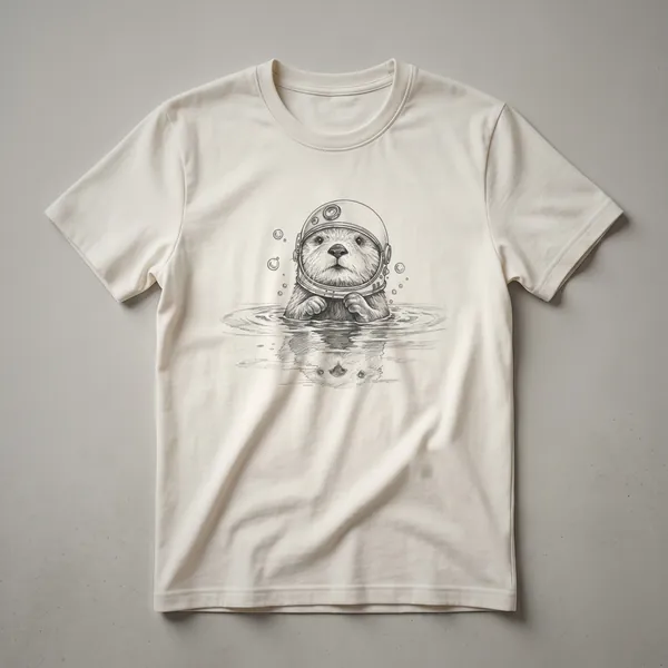 Black t-shirt featuring a line drawing of an otter wearing an astronaut helmet, emerging from water with bubbles.