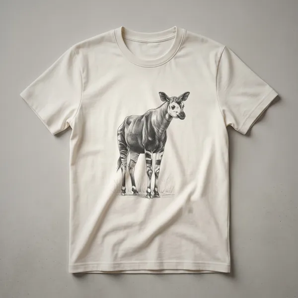 Black and white line drawing of an okapi standing, showing its striped legs and large ears, on a dark background.