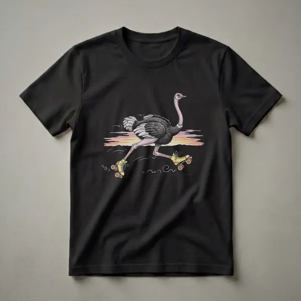 Black t-shirt with a drawing of a pink-necked ostrich wearing yellow roller skates, skating across a sunset landscape with orange, pink, and purple hues.
