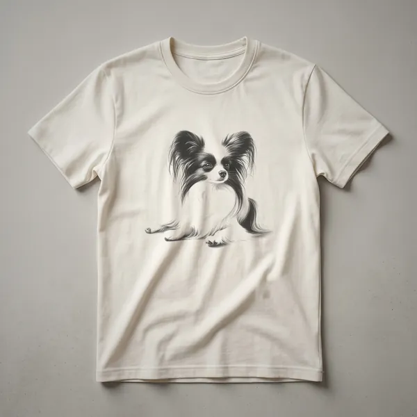 A vintage sketch art t-shirt featuring a Papillon dog with large, butterfly-like ears and expressive eyes.