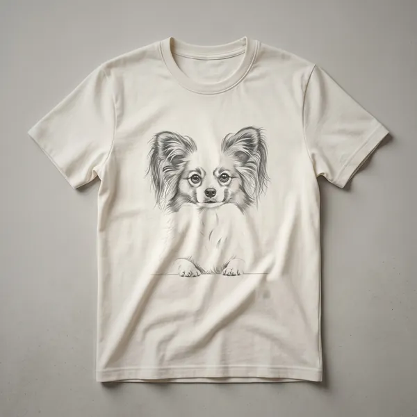 Black t-shirt featuring a detailed vintage line drawing of a Papillon dog's face and front paws with delicate linework.