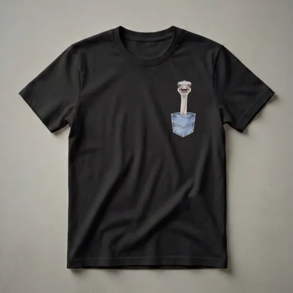 White and grey ostrich head with a wide smile and yellow eyes peeking out of a blue denim jean pocket on a black t-shirt.