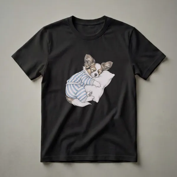 A white and brown Papillon dog wearing blue and white striped pajamas sleeps soundly on a light-colored pillow, depicted in a detailed pencil drawing style.