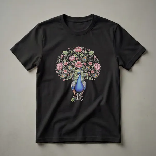 Black t-shirt featuring a vintage-style watercolor illustration of a peacock with its tail fanned out, surrounded by pink flowers and green leaves.